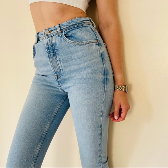 Zara high waisted blue front slits straight leg denim full length jeans - Picture 4 of 15